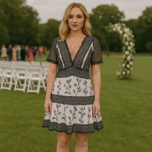 Tadashi Shoji Marielle Embroidered Dress Black and White Party Wedding Guest 14